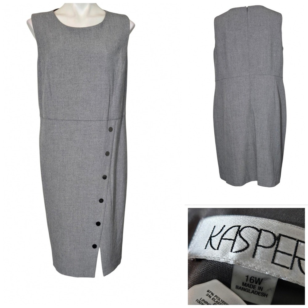Kasper Womens Gray Sleeveless Button Detail Sheath Work Dress Plus Size 16W